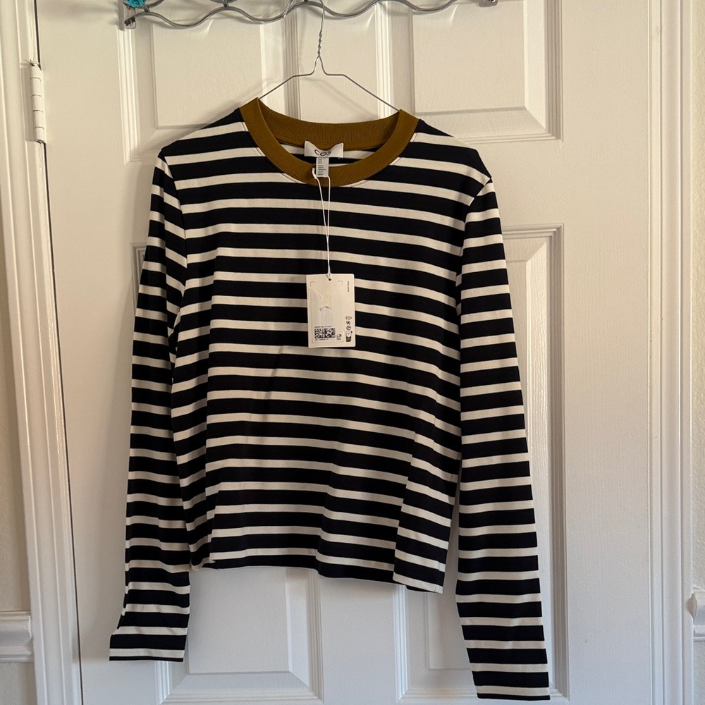COS Black and White Striped Long Sleeve Tee with Gold Collar